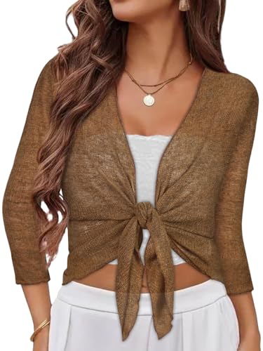 Image of Women Crop Cardigan Sheer Mesh Bolero Shrug for Dress Tie Front 3 /4 Sleeve Tops