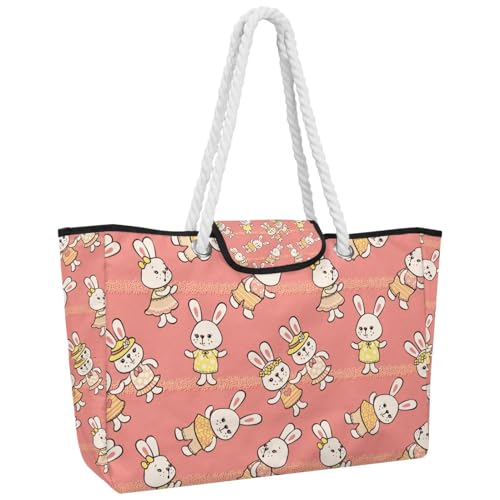 VAPOKF Bolso de mano grande para mujer, bolso de mano grande con asa superior para viajes, trabajo, escuela, compras, bonitos conejos bebés en color rosa, multicolor, 14.5x20.8x5.5in/37x53x14cm