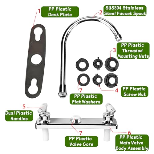 Image of RV Kitchen Faucet,Non-Metallic RV Kitchen Sink Faucet Replacement with Two Handle-8 inch Main Body-High Arch-360 Swivel Replace for Campers Motorhomes Travel Trailers (Style-2-Chrome)