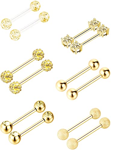 Sumind 6 Pairs Nipple Tongue Ring Stainless Steel Barbell Rings Cubic Zirconia Nipplerings Body Piercing Jewelry, 14 Gauge (Gold Color)