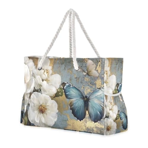 Butterfly Floral White Beach Bag for Women Large Beach Tote Bag Zipper for Swim Gym Travel Daily2
