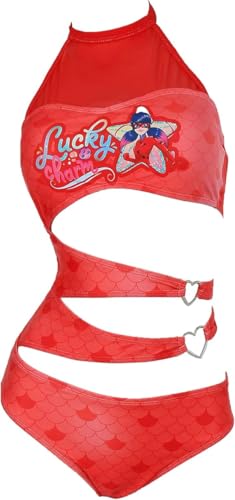Miraculous Ladybug Badeanzug, offizielles Lizenzprodukt, Herzring, gekettelt, Auqabug, einteiliger Badeanzug, Rot/Ausflug, einfarbig (Getaway Solids), Large