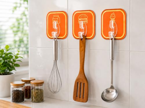Image of 6 PCS Self Adhesive Wall Hooks Heavy Duty Waterproof Oil Proof No Drill Wall Hanger for Bathroom Kitchen Office Bedroom Coat Towel Keys Bags (6 Pcs, Orange Color)