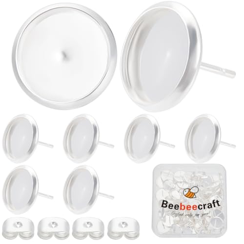 Beebeecraft 1 Box 50Pcs Cabochon Stud Earring Blanks 925 Sterling Silver Plated Stainless Steel Brass Round Prong Bezels Trays Post Studs Butterfly Backs Settings for Jewelry Making Earrings Findings