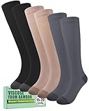 SAIWEYNEE Compression Socks for Women 15-20 mmHg with Viscose from Bamboo, 3-Pair Knee High Light Support Stockings for Travel, Work & All-Day Comfort (Black-Gray-Nude Solid,Large)