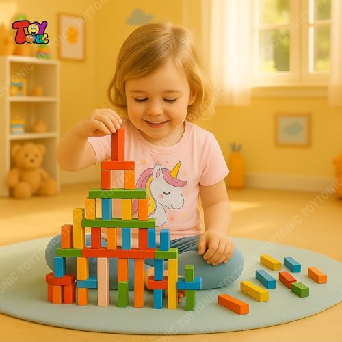 Image of TOYTONIC 120 Pcs Colorful Wooden Building Blocks Educational Board Game for Kids-Educational Domino Set for Boys & Girls - Indoor Fun Games & Party Activities - Toys for Ages 3 to 12 Years(12 Colors)