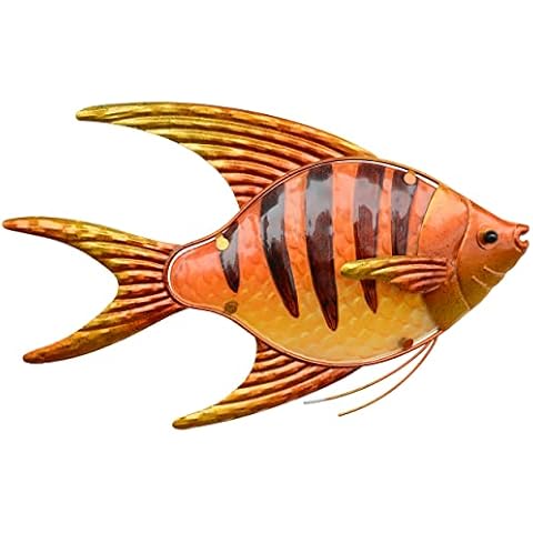 BVLFOOK Tropical fish beach outdoor metal wall art decor, large nautical coastal beach themed bathroom decor for home, outdoor wall decor for fence pool, 17 inch orange metal wall sculpture Cover