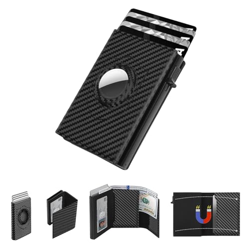 Image of Mens Pop Up Wallet for AirTag: Premium Genuine Leather, RFID Blocking, Smart, Minimalist, 9-14 Card Capacity, ID Window, Cash Slot (Carbon Fiber 2)