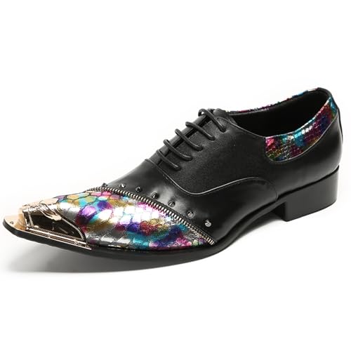 Mens Oxford Shoes Formal Dress Shoes Lace-Up Prom Rainbow Burnished Leather Lined Rivet Metal Cap Tip Sleek Luxury Party Shoes