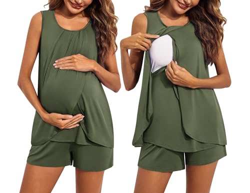 Image of Ekouaer Women Maternity Nursing Pajama Set Breastfeeding Sleepwear Double Layer Sleeveless Top & Shorts Pregnancy PJS