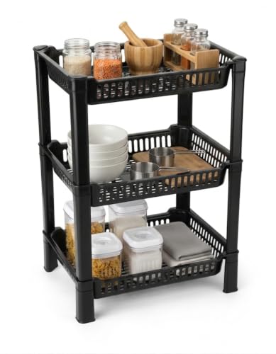 Image of U-Max Multi Tire Kitchen Storage Rack, Plastic Utility Shelf Organiser, Space Saving Storage Solution, Revolving Vegetable Rack (Black, 3)