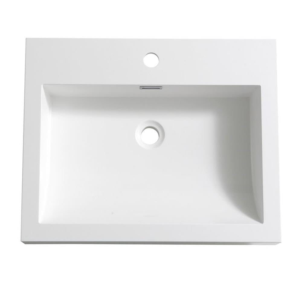 Top view of the Fresca Nano 24-inch Drop-in Acrylic Bathroom Sink, clearly showing the single faucet hole, integrated overflow slot, and central drain opening.