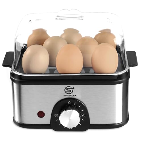 Egg Boiler Stainless Steel, Electric Egg Steamer Egg Cooker, Timer Setting for Hardness Adjustment, 60-Min Timer, Automatic Shut-Off Overheating (1-Tier Egg Boiler)