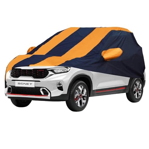 Image of Allextreme KSG5003 Car Body Cover Compatible with Kia Sonet Custom Fit Dustproof UV Heat Resistant Indoor Outdoor Body Protection (Navy Blue & Orange with Mirror)