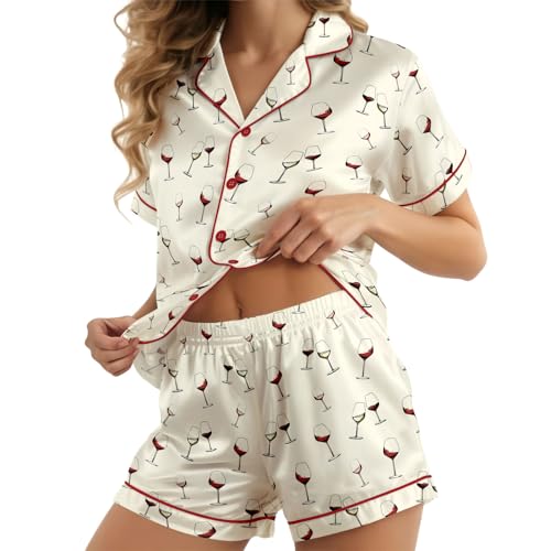 Image of HUNTFAMI Womens Soft Silky Satin Pajamas Set, 2 Pcs Sleep Short Pajamas for Mom and Grandma Button Down Summer Loungewear