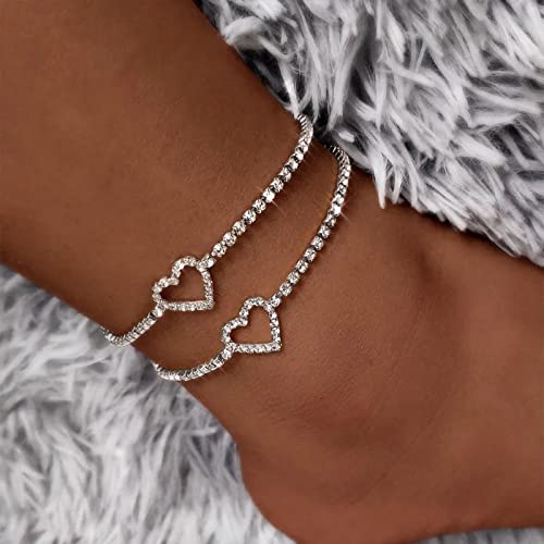 Image of Fesciory Heart Rhinestone Ankle Bracelets for Women, Adjustable Silver Plated Shiny Tennis Anklets, Twinkle Cubic Zircon Imitation Diamond Anklet Foot Chain Jewelry Gifts