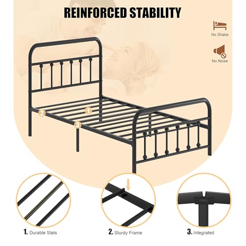 Image of Shintenchi Full Size Bed Frame with Headboard and Footboard, Metal Mattress Foundation with Under Storage, Steel Slats, No Box Spring Needed, Noise Free, Gray