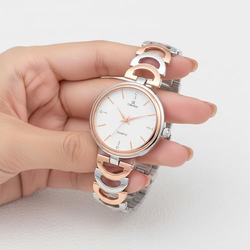 Image of IIK COLLECTION Watches for Women Round Studded Dial |Analogue Quartz Movemnet Ladies Watch|Long Battery Life|Stainless Steel Adjustable Bracelet Chain Strap|Double Lock Clasp Safety Watches for Girls