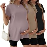 Ficerd Paquete de 3 Camisetas de Maternidad para Mujer De, Manga Corta, Aberturas Laterales, Cuello Redondo, Estilo Casual(Negro, Caqui, Gris púrpura,L)