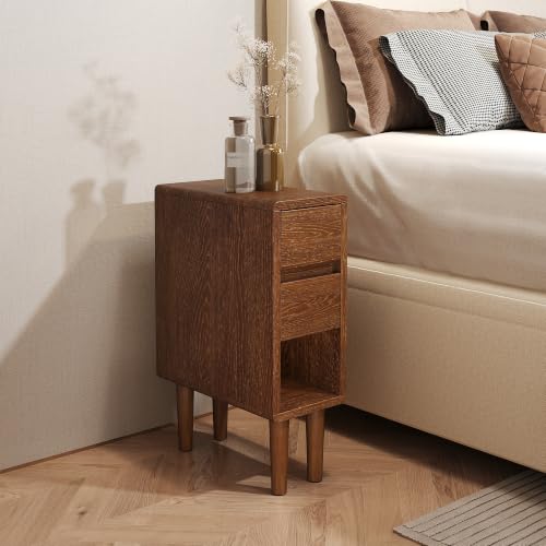 Narrow Nightstand 2 Drawers with Open Shelf Narrow Night Stand Solid Wood Bedside Table Mid Century Modern Nightstand Wooden End Table for Bedroom, Study, Office