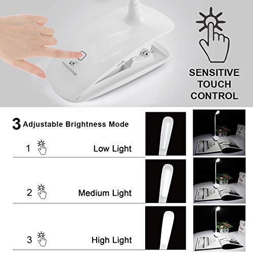 LED Clip on Book Light - Moobibear Rechargeable 14 LEDs Reading Lights Dimmable, Touch Sensitive 3 - Level Brightness Eye Protection Table Lamp for Books Bed Children Bedroom, USB Cable Included