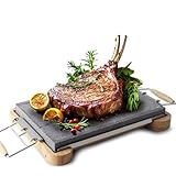 Extra-Large Lava Steak Stone Grill Set with Bamboo Base & Heat-Resistant Handles - 15.75" x 11.81" Natural Lava Stone for Steak, Tabletop Cooking, BBQ Grilling, and Serving