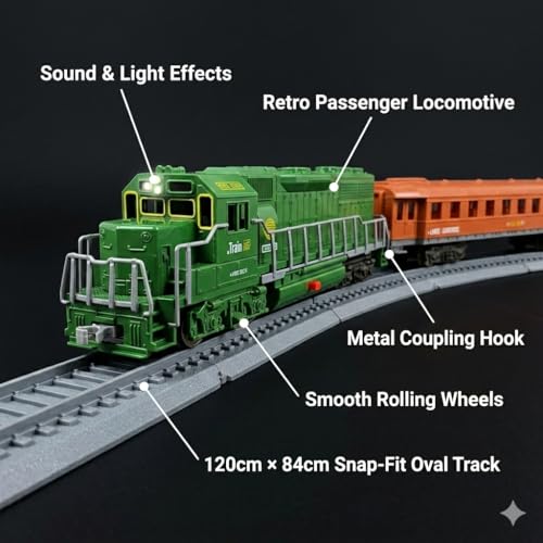 Image of Toy Train with Track Set for Kids - 18 Piece Battery Operated Electric Train Set with Passenger Carriage Sound Light Effects Retro Classic Locomotive Toy