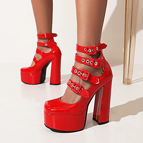 Yolkomo Chunky Platform Heels for Women Ankle Buckle Strap Pumps2