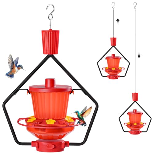 WROSWT Retractable Hummingbird Feeder, 19oz Top-Fill Wide Mouth with Height Adjustment, UV-Resistant ASA Plastic, 100% Leak-Proof Base& Dishwasher Safe Feeders for Outdoor Hanging, Red