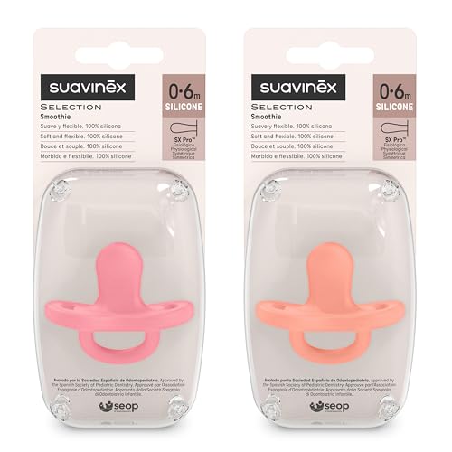 Image of Color Essence SX PRO Silicone Baby Pacifier 2Pk, Made with 100% Soft Silicone, Baby Essentials Perfect for Breastfeeding Babies, Designed in Spain, 0-6 Mths, Fushia /Peach