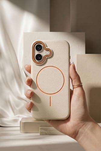 Image of amazon basics Luxury MagSafe Compatible Leather Texture Back Cover for iPhone 16 | Raised Camera Protection | Slim Fit Shockproof Case with Metallic Accents (White)