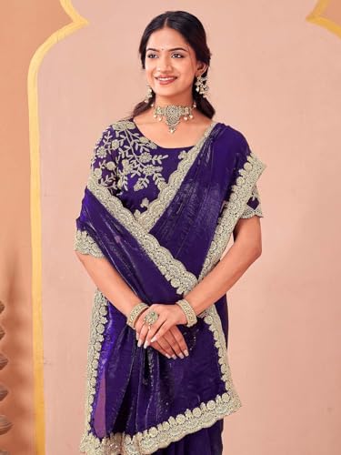 Image of SIRIL Women's Tissue Silk Sequins Embroidery Saree with Unstitched Blouse Piece