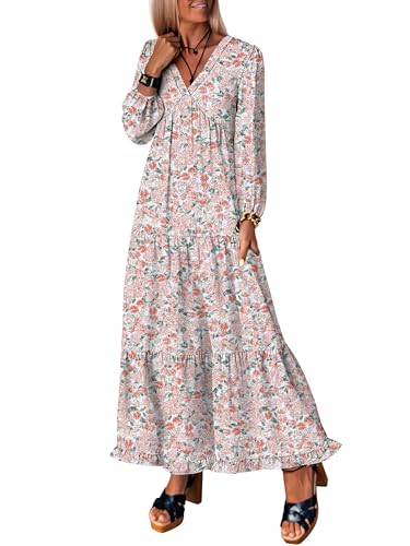 ANRABESS Womens Long Sleeve Boho Maxi Dress 2025 Fall V Neck Floral Striped Casual Loose Fit Beach Vacation Dresses