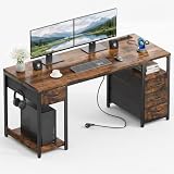 YOUDENOVA Scrivania per Computer 140 cm con Multipresa, Scrivania con 4 Cassetti, Supporto CPU, Scrivania Multifunzionale per Ufficio, Studio e Gaming, Montaggio Semplice Marrone