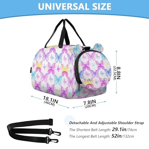 Purple Butterflies White Kids Travel Duffel Bag for Boys Girls Overnight Weekend Tote Bag with Shoes Compartment for Beach Swim Trip3