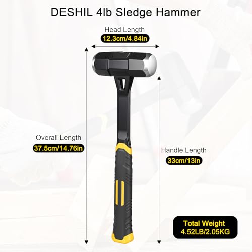 Image of DESHIL 4lb Sledge Hammer - Heavy Duty Drilling Hammer | Forged One Piece Steel Head & Fiberglass Handle, Perfect for Demolition, Construction, and Blacksmithing