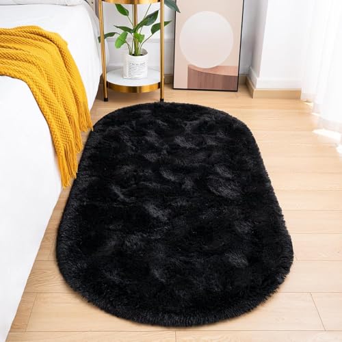 Image of 3x5 feet Soft Area Rug for Living Room and Bedroom, Modern Indoor Floor Carpet with Non-Slip Backing, Comfortable Decorative Home Decor Rug, Easy Clean & Durable- (Black, Oval)