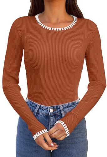 MEROKEETY Women's 2025 Long Sleeve Ribbed Color Block Sweater Crewneck Slim Fitted Basic Knit T Shirt Tops