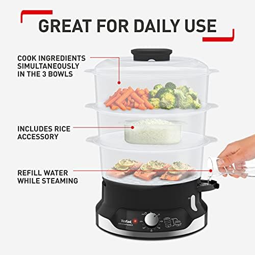 Tefal VC204865 Ultracompact Steam Cooker Stackable Storage System, Healthy Cooking, BPA-Free Bowls, 60-Minute Timer, Refill While Steaming, 9L Capacity, Rice Accessory, Black