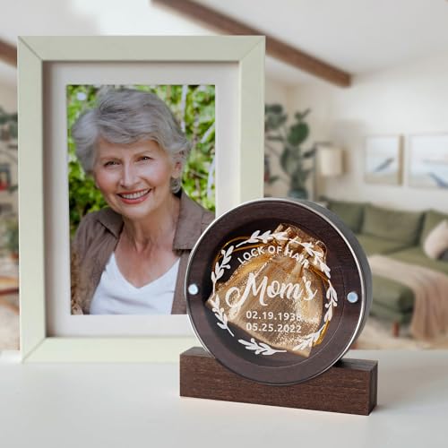 Image of Personalized Keepsake for Bereavement Gift, Lock of Hair Memorial, Sympathy Gift for Loss of Mother, Grandmother, Dad, Daughter, Son, Mom, Clear Lid (Dark Wood Round)