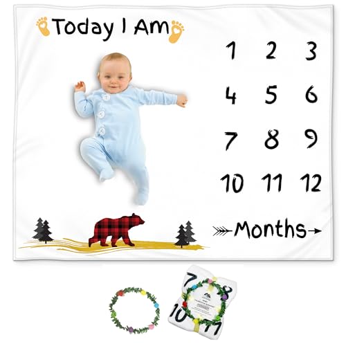 KEMINA BLANKETS Baby Monthly Milestone Blanket Boy - Milestone Blanket for Baby Boy Includes Felt Frame, Month Blanket Baby Shower Baby Milestone Blanket, 50x40 (Plaid)