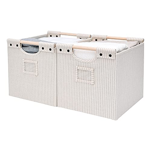 Image of StorageWorks Closet Baskets, Decorative Storage Bins for Shelf, Collapsible Fabric Baskets with Wooden handles, Beige Stripes, Large, 2 Pack, 10 ¾" L x 12 ½" W x 10 ¾" H