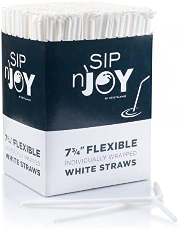 Crystalware Bulk Pack of 380 Flexible Plastic Drinking Straws - White, Individually Wrapped, Food-Safe BPA Free, 7.75 Inches Long (1 Box)