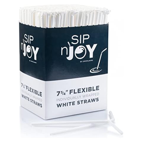 Crystalware Bulk Pack of 380 Flexible Plastic Drinking Straws - White, Individually Wrapped, Food-Safe BPA Free, 7.75 Inches Long (1 Box) Cover