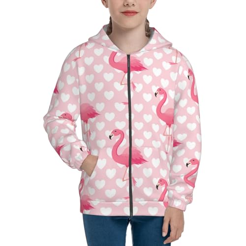Cute Flamingo with Heart Kid Hoodies Boys Zip Up Sweatshirts Girls Pullover with Pocket3