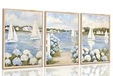 3Pcs Blue Seaside Hydrangea Canvas Wall Art Coastal Sailboat Pictuer Wall Summer Seaside Garden Prints Vintage Hydrangea Poster Seascape Landscape Pictures Painting For Beach House Living Room Bedroom 12x16in Unframed