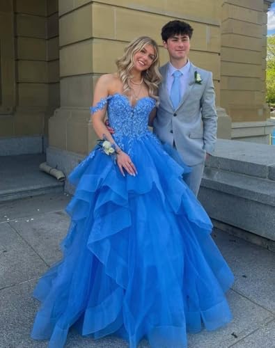 Off Shoulder Glitter Tulle Prom Dresses Ruffle Tiered Long Ball Gown Sweetheart Laces Appliques Princess Dress3