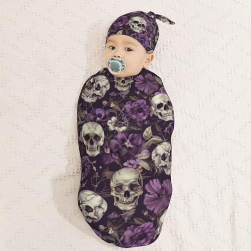 Image of Vintage Purple Flowers Skulls Newborn Swaddle Blankets Hat Sets Soft Baby Receiving Blanket Swaddle Sack for Baby Shower Infant Boy Girl Gift