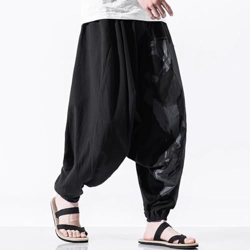 Men's Drawstring Boho Hippie Harem Pants Flying Crane Loose Drop Crotch Trousers Calligraphy Print Yoga Genie Pants4