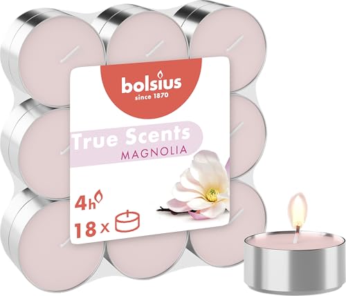 Bolsius True Scents – 18 Teelichter – Magnolie – Brenndauer: 4 Stunden – Innendekoration – natürliche Extrakte – mit natürlichem veganem Wachs